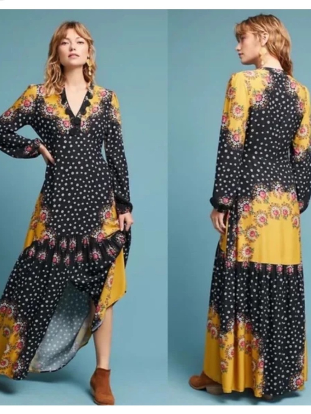 Farm Rio Floral-Blocked Maxi Dress in Black and Mustard - Picture 2 of 3